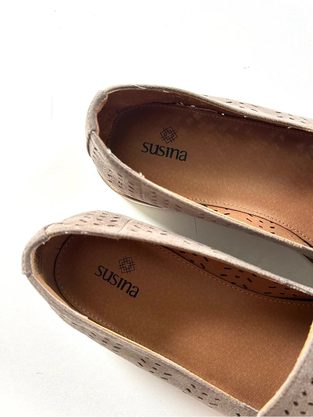 Susina Taupe Perforated Slip-On Suede Loafer Flats